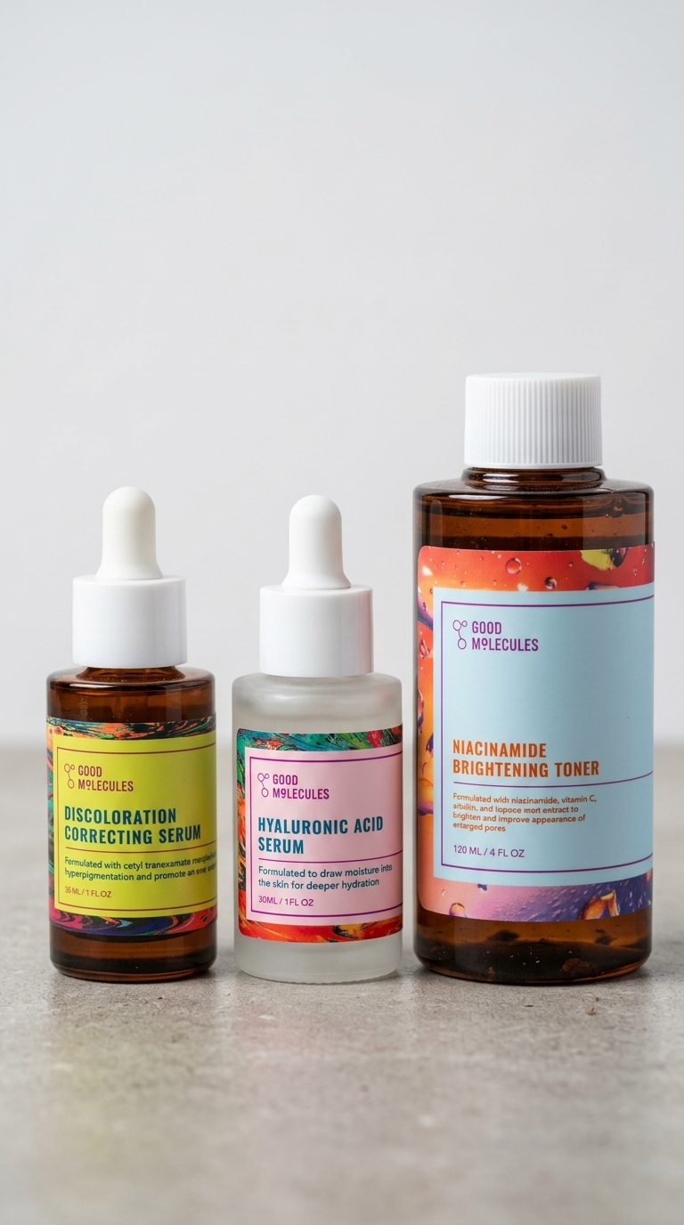 Good Molecules Face Serum Set! Includes Discoloration Correcting Serum Niacinamide Brightening Toner And Hyaluronic Acid Serum! Improves The Appearance Of Dark Spots Brighten And Hydrate Your Skin! 3 Piece Set